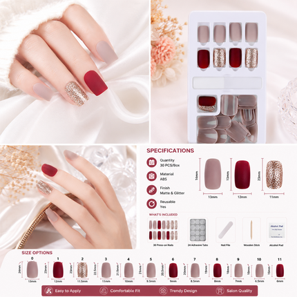 Ready to use Acrylic gel nails-red nude & gold(635-08)