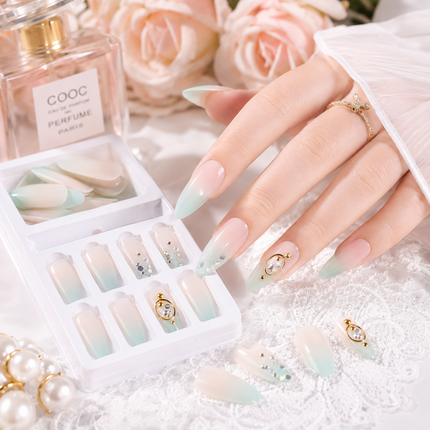 Ready to use Acrylic gel nails Nude & Green Ombre with Millers(745-01)