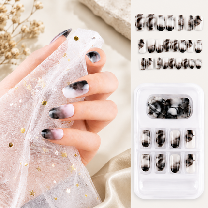Ready to use Acrylic gel nails black and grey marble (741-26)