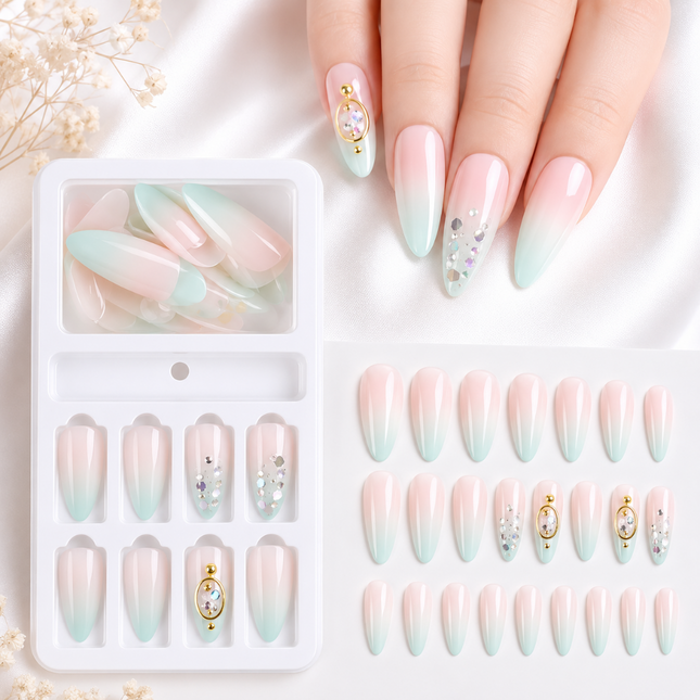 Ready to use Acrylic gel nails Nude & Green Ombre with Millers(745-01)
