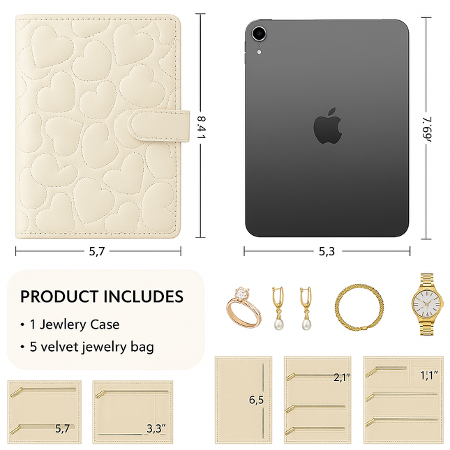 Heart Quilted Travel jewellery Organizer(Off white)