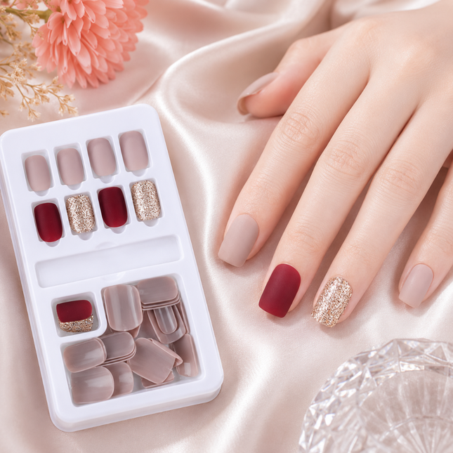 Ready to use Acrylic gel nails-red nude & gold(635-08)