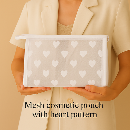 Mesh Cosmetic Pouch with Heart Design(white)