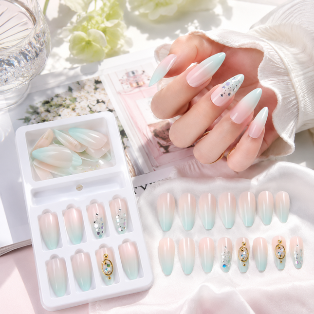 Ready to use Acrylic gel nails Nude & Green Ombre with Millers(745-01)