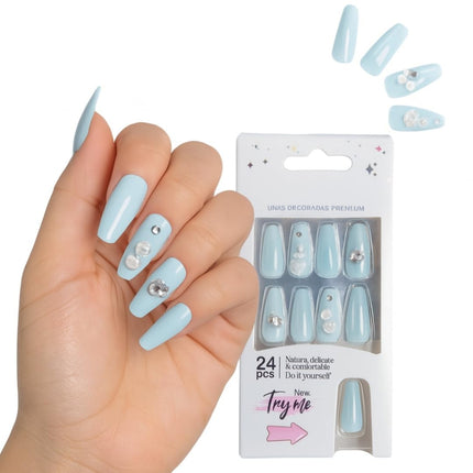 24 Reusable Glossy Nails set(SKY BLUE WITH ROSES) SBR-1 (P2)