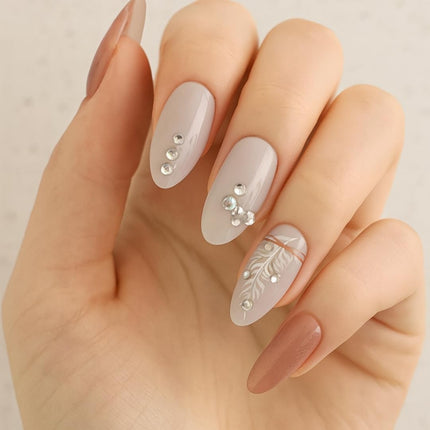 Pack of 24 Almond shape Press On Nails(Rose Pink with Peach, nudes and stones) (B2)