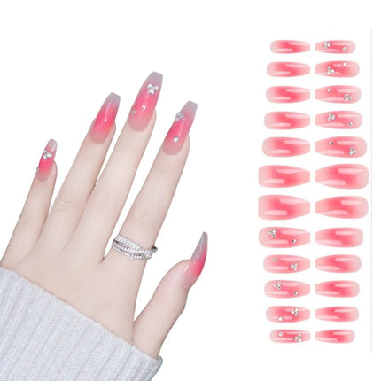 Ready to use Acrylic gel nails- Ombre Peach and Pink with rhinestone(P014-02)