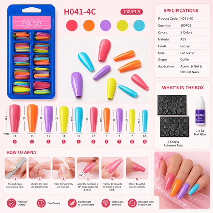 Pack of 100 ready to use coffin nails(Neon)