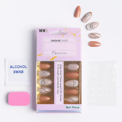 Pack of 24 Almond shape Press On Nails(Rose Pink with Peach, nudes and stones) (B2)