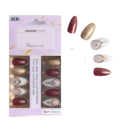 Pack of 24 Almond shape Press On Nails(Rose Pink with Golden glitter & stone) (B3)