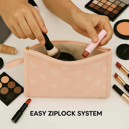 Mesh Cosmetic Pouch with Heart Design(Pink)