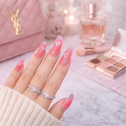 Ready to use Acrylic gel nails- Ombre Peach and Pink with rhinestone(P014-02)