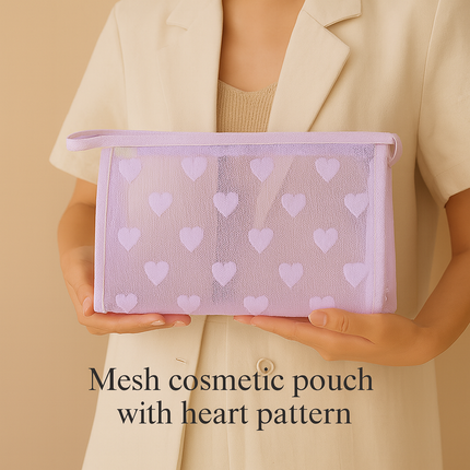 Mesh Cosmetic Pouch with Heart Design(Purple)