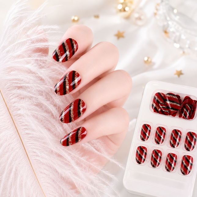Ready to use Acrylic gel nails-black red gold stripes-(741-48)