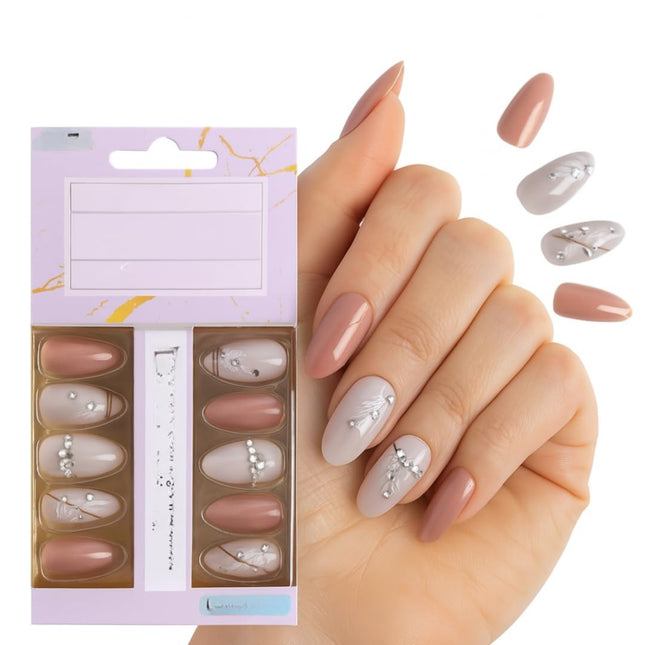 Pack of 24 Almond shape Press On Nails(Peach, Nude floral design with stones) (B6)