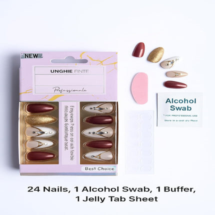 Pack of 24 Almond shape Press On Nails(Rose Pink with Golden glitter & stone) (B3)