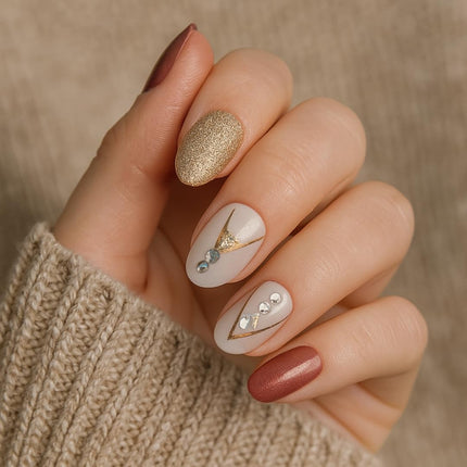 Pack of 24 Almond shape Press On Nails(Rose Pink with Golden glitter & stone) (B3)