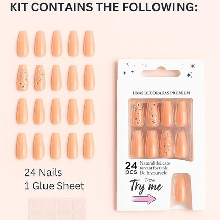24 Reusable Glossy Nails set(PEACH WITH STONES) PS-1 (P5)