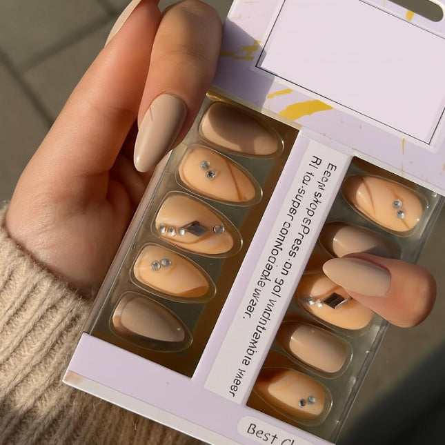 Pack of 24 Almond shape Press On Nails(Cream and Nude with stones) (B1)