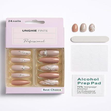 Pack of 24 Almond shape Press On Nails(Peach, Nude floral design with stones) (B6)