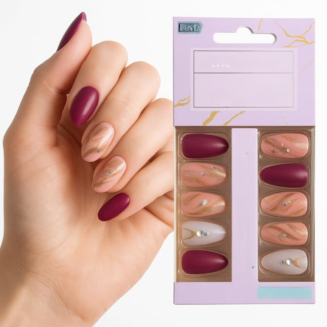Pack of 24 Almond shape Press On Nails(Rose Pink, Nude floral design with stones) (B4)
