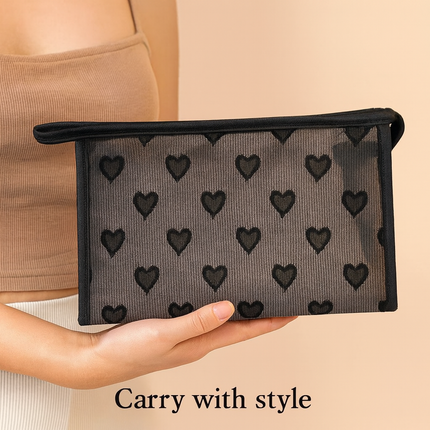 Mesh Cosmetic Pouch with Heart Design (Black)
