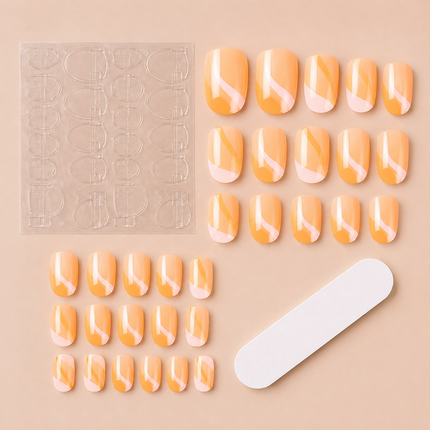 Ready to use Acrylic gel nails-ombre peach- white swirls(P008-2)
