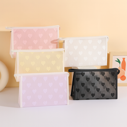 Mesh Cosmetic Pouch with Heart Design(Purple)