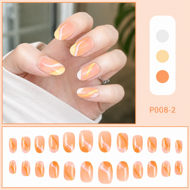 Ready to use Acrylic gel nails-ombre peach- white swirls(P008-2)