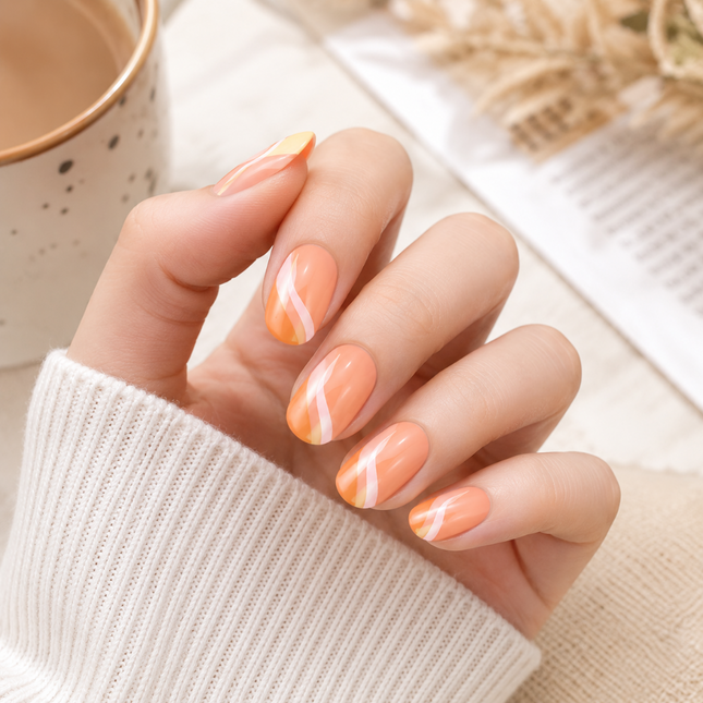 Ready to use Acrylic gel nails-ombre peach- white swirls(P008-2)