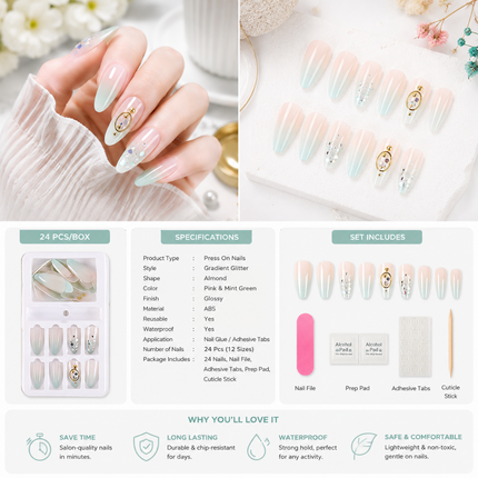 Ready to use Acrylic gel nails Nude & Green Ombre with Millers(745-01)