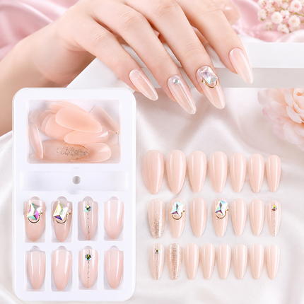 Ready to use Acrylic gel nails- nude shade with emerald stones-(F745-03)