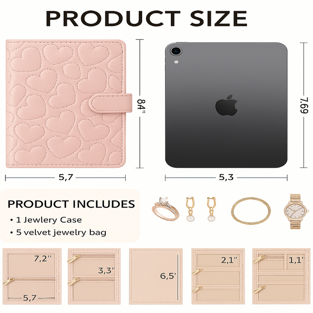 Heart Quilted Travel jewellery Organizer(Pink)