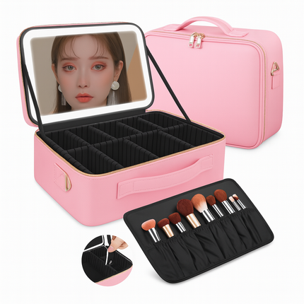 Large Makeup Case with LED Lighted Mirror(Black)