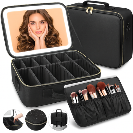 Large Makeup Case with LED Lighted Mirror(Black)