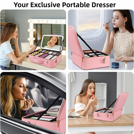 Large Makeup Case with LED Lighted Mirror(Pink)