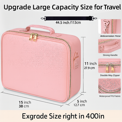 Large Makeup Case with LED Lighted Mirror(Pink)