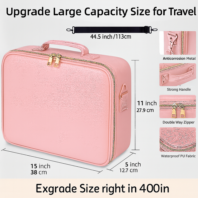 Large Makeup Case with LED Lighted Mirror(Pink)