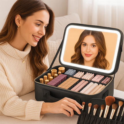 Large Makeup Case with LED Lighted Mirror(Black)