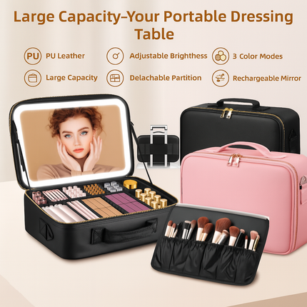 Large Makeup Case with LED Lighted Mirror(Black)