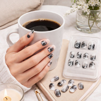Ready to use Acrylic gel nails black and grey marble (741-26)