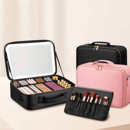 Large Makeup Case with LED Lighted Mirror â Travel Cosmetic Organizer with Adjustable Dividers, Br