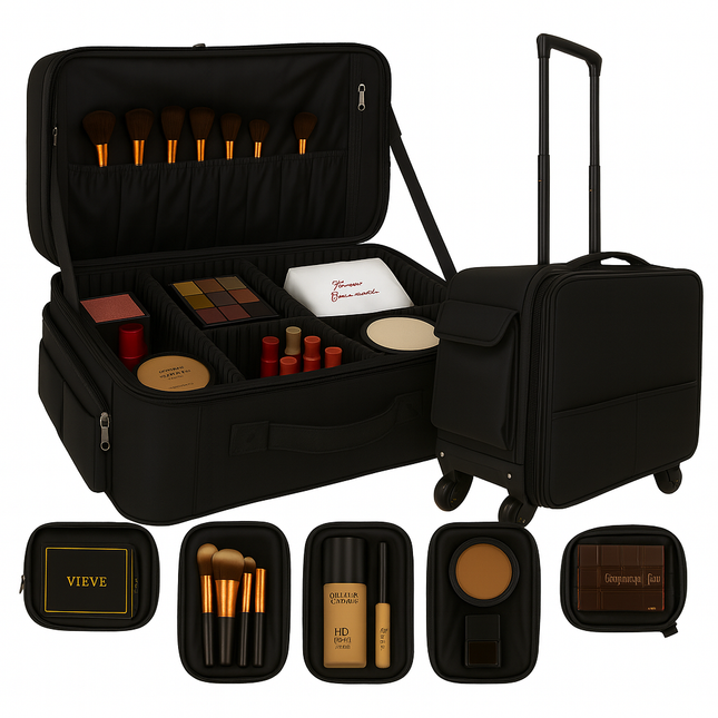 Professional Makeup Trolley Bag with 5 Transparent Storage Pouches & Free Lip Tray