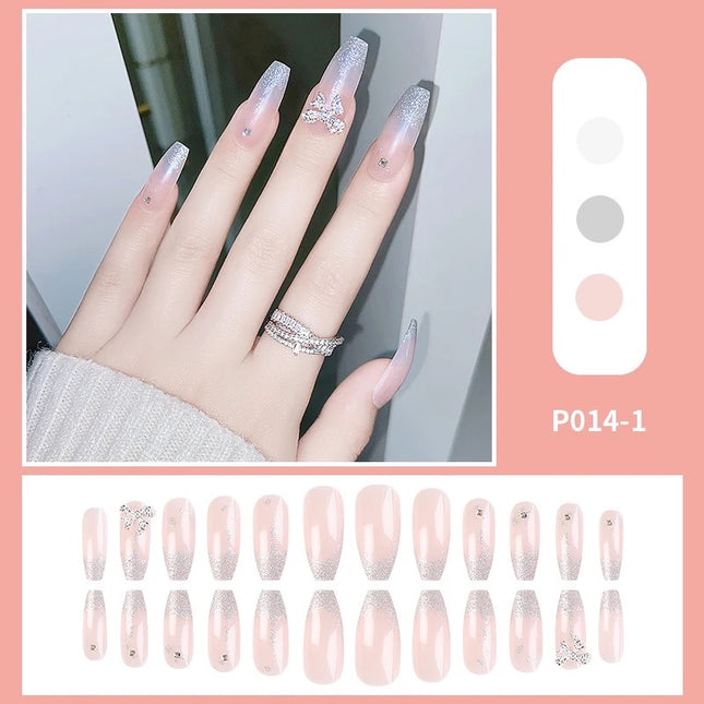 Ready to use Acrylic gel nails- silver Ombre with stones and bow