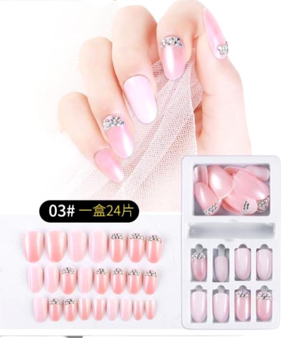 Ready to use Acrylic gel nails (code-677-03)-silver stones-metallic Pink-round shape (Long nails)