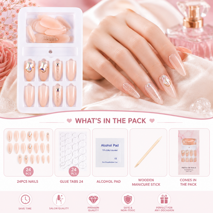 Ready to use Acrylic gel nails- nude shade with emerald stones-(F745-03)