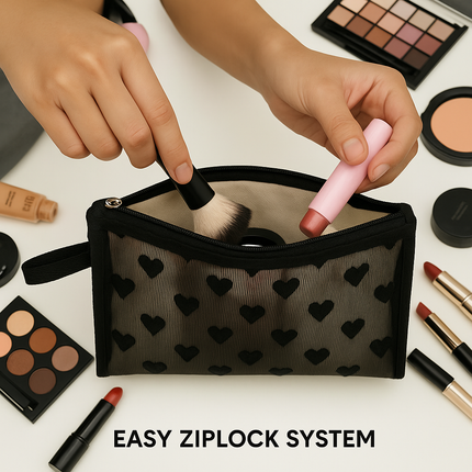 Mesh Cosmetic Pouch with Heart Design (Black)