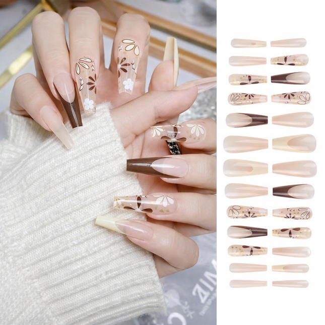Ready to use Acrylic gel nails- Brown white gold flower (UN-31)