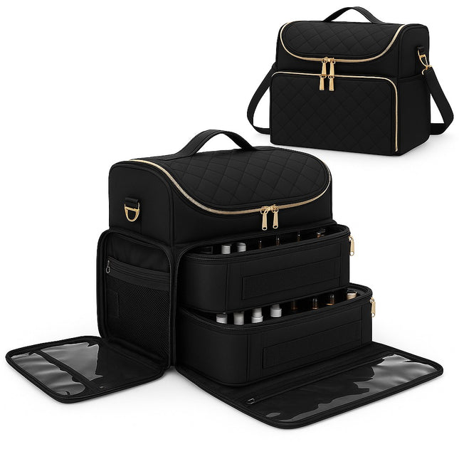 Black Quilted Nail Art Bag with Gold Zippers