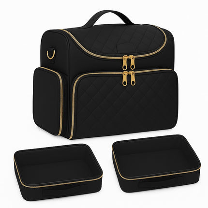 Black Quilted Nail Art Bag with Gold Zippers